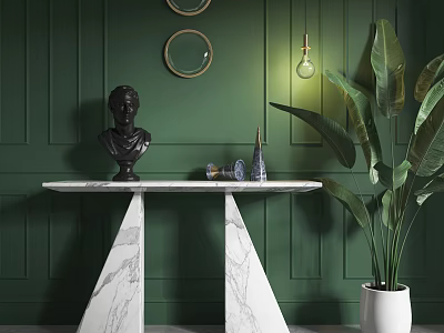 Marble Console Table With Black Bust Sculpture Green Wall Circular Decor And Large Leaf Plant 3d model