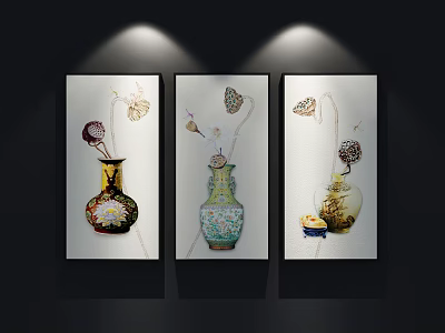 Elegant Plant Paintings With Colorful Vases And Decorative Dried Plants Wall Art 3d model