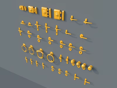 Various Types of Golden Door Handles and Locks Arranged on Grey Background 3d model