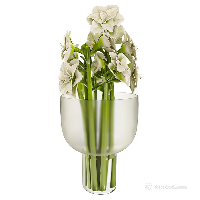 White Flowers In Transparent Glass Vase With Green Stems And Elegant Design 3d model 