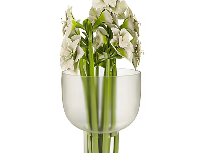 White Flowers In Transparent Glass Vase With Green Stems And Elegant Design 3d model