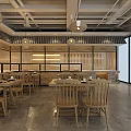 Warm Restaurant Interior With Wooden Tables Chairs Hanging Lights And Brick Walls