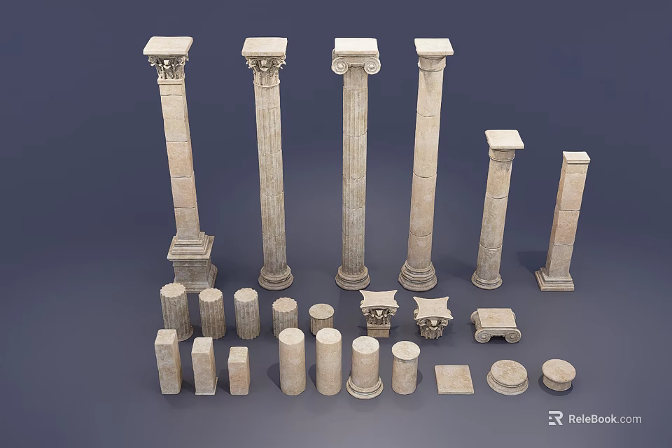 Classical Architectural Columns Collection With Various Styles Capitals And Bases 3d model 