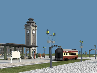 Scenic Plaza Area With Historic Clock Tower Red Train Carriage And Street Lamps 3d model