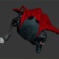 Armored Character With Axe And Black Red Cape Standing On Gray Background