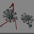 Two Radial Engines Mounted On Red Mobile Stand With Metal Structure