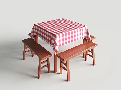 Wooden Dining Table Set With Red And White Checkered Tablecloth And Benches 3d model