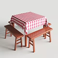 Wooden Dining Table Set With Red And White Checkered Tablecloth And Benches