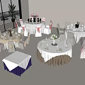 Multiple Round Dining Table Set with White Tablecloths Floral Centerpieces and Pink Ribbon Chair Covers