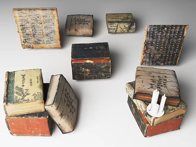 Vintage Ancient Books And Boxes With Handwritten Texts Stacked Design Traditional Covers Historical Patterns 3d model