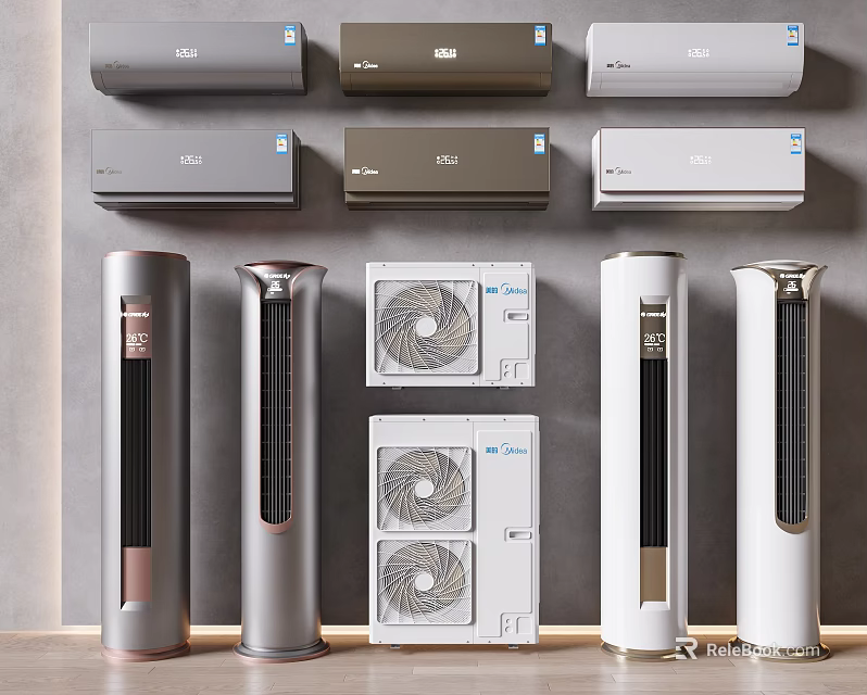 Modern Wall Mounted and Standing Air Conditioner Fan Units in Gray White and Gold Styles 3d model 