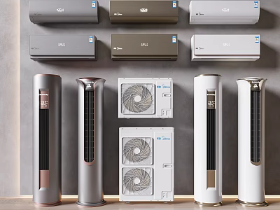 Modern Wall Mounted and Standing Air Conditioner Fan Units in Gray White and Gold Styles 3d model