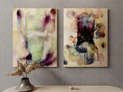 Abstract Watercolor Paintings On Gray Wall With Vase And Decorative Items 3d model
