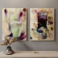 Abstract Watercolor Paintings On Gray Wall With Vase And Decorative Items