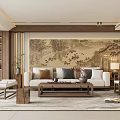 Traditional Chinese Living Room Interior With Landscape Painting Wall And Wooden Furniture