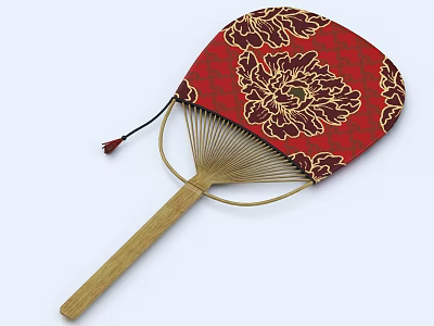 Red Fan Hanging Ornament With Gold Floral Pattern And Wooden Handle Tassel 3d model