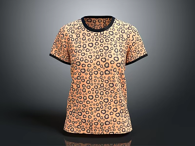 Short Sleeve T Shirt With Orange Base And Black Circular Patterns And Trim 3d model