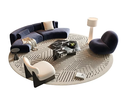 Modern Blue L Shaped Sofa and Coffee Table Set with Geometric Rug and Accent Chairs 3d model