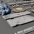 Scene Building Components Collection With Small Shed Stone Slabs Wooden Planks And Metal Structures