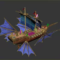 Detailed Pirate Ship Model Featuring Blue Wings Red Flags And Skull Symbol