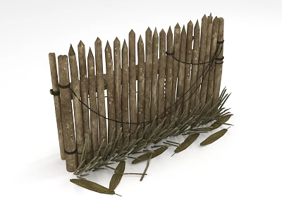 Rustic Wooden Fence With Pointed Tops And Twine Bindings Near Green Leaves 3d model
