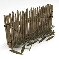 Rustic Wooden Fence With Pointed Tops And Twine Bindings Near Green Leaves
