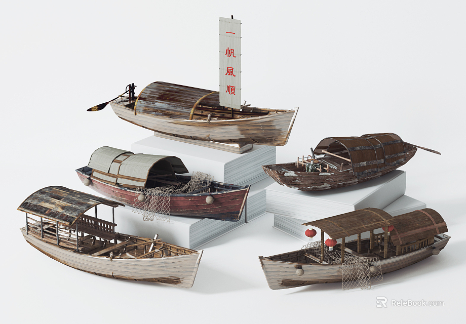 Wooden Boat Models With Various Designs Sails Roofs And Fishing Nets On Display Stands 3d model 