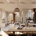 Modern Banquet Hall Interior With Marble Surfaces Pendant Lights Sofa Seating And Dining Tables