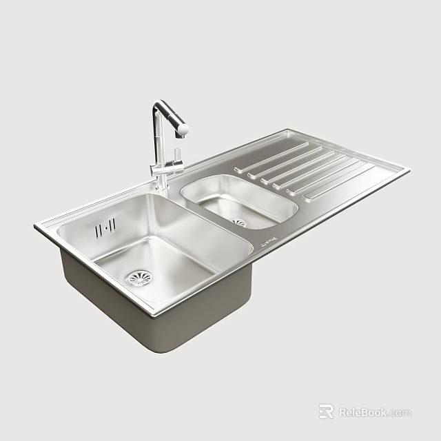 Stainless Steel Double Bowl Kitchen Sink With Faucet And Draining Board For Kitchen Use 3d model 