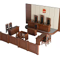 Wooden Courtroom Judicial Desk with Judge Seats Spectator Benches on Panel Wall and National Emblem