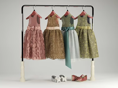Colorful Lace Dresses On Hanger Rack With Matching Shoes For Girls 3d model