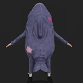 Cartoon Game Skeleton Character in Blue Shark Costume with Open Mouth and Green Stains
