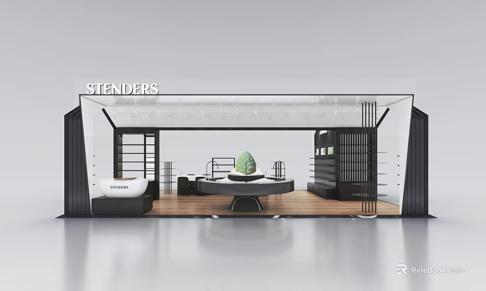 Stenders Modern Showroom Interior With Open Layout Display Shelves And Green Plant 3d model 