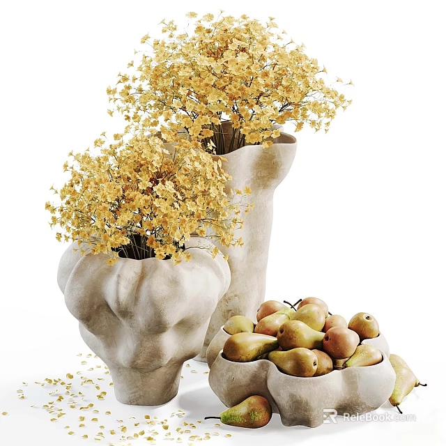 Textured Ceramic Vases With Yellow Flowers And Fresh Pears For Home Decor 3d model 