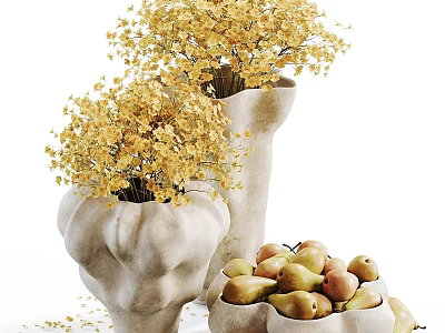 Textured Ceramic Vases With Yellow Flowers And Fresh Pears For Home Decor 3d model