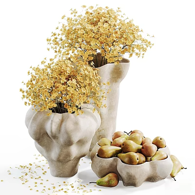 Textured Ceramic Vases With Yellow Flowers And Fresh Pears For Home Decor 3d model