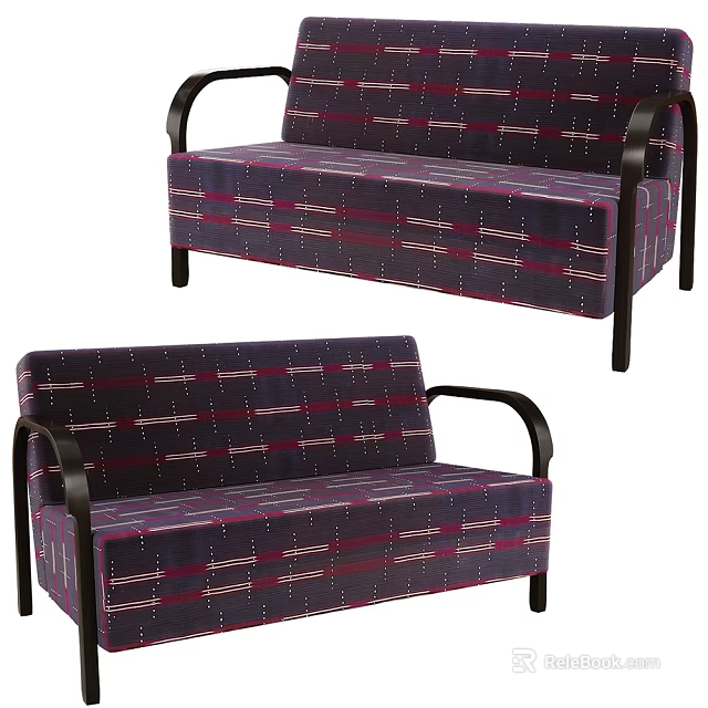 Elegant Purple Plaid Two Seater Sofa With Black Wooden Armrests And Modern Design 3d model 