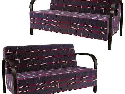 Elegant Purple Plaid Two Seater Sofa With Black Wooden Armrests And Modern Design 3d model