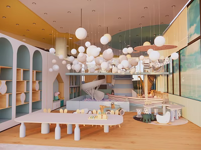 Children's Playground With Yellow Ceiling Hanging White Spherical Lights Arched Bookshelves Slide And Wooden Floor 3d model