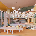 Children's Playground With Yellow Ceiling Hanging White Spherical Lights Arched Bookshelves Slide And Wooden Floor