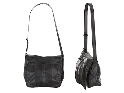 Black Leather Crossbody Bag With Adjustable Strap and Front Pocket Design 3d model