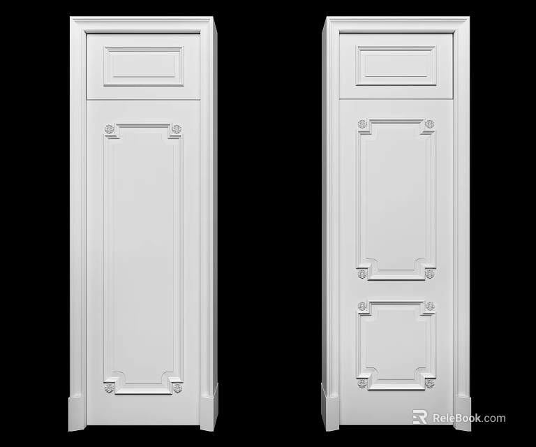 Elegant White Swing Doors With Decorative Panel And Metal Hardware Details 3d model 