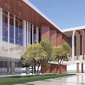 Modern School Building Exterior With Sloped Brown Roof Large Glass Windows And Green Trees