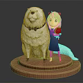 Pink Haired Girl With Green Eyes And Large White Bow Tied Dog Holding Flower Bouquet 3d model