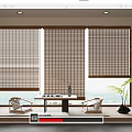 Serene Natural Style Room Interior With Bamboo Blinds Wooden Table Chairs And Green Plant