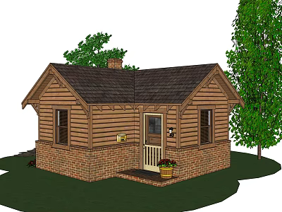 Cozy Wooden Cabin With Dark Roof Brick Base And Trees Nearby Front Steps Flower Pot 3d model