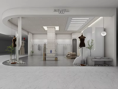 Modern Minimalist Clothing Store Interior With Mannequins Hanging Racks And Green Plants 3d model
