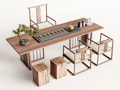 Elegant Traditional Wooden Tea Table and Chairs with Tea Tray and Decorative Plants 3d model
