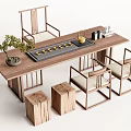 Elegant Traditional Wooden Tea Table and Chairs with Tea Tray and Decorative Plants