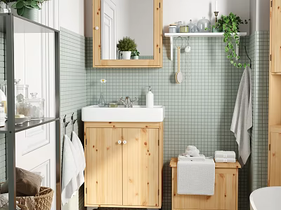 Bathroom With Light Green Tiles Wooden Vanity Mirror Open Shelves Green Plants And Towels 3d model